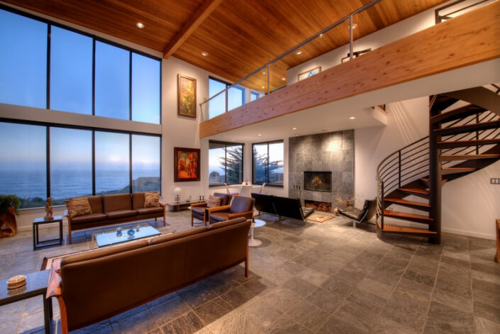 Dramatic living room at Sea Arches for sale by Thomas Henthorne Mendocino real estate