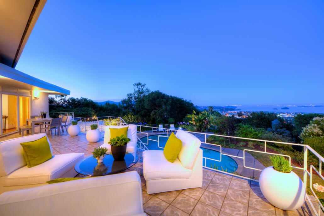 67-067 Upper seating area with bay in distance at dusk