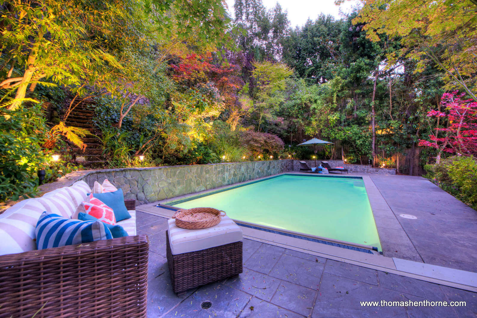 2 Foothill Road San Anselmo 79 pool area at dusk