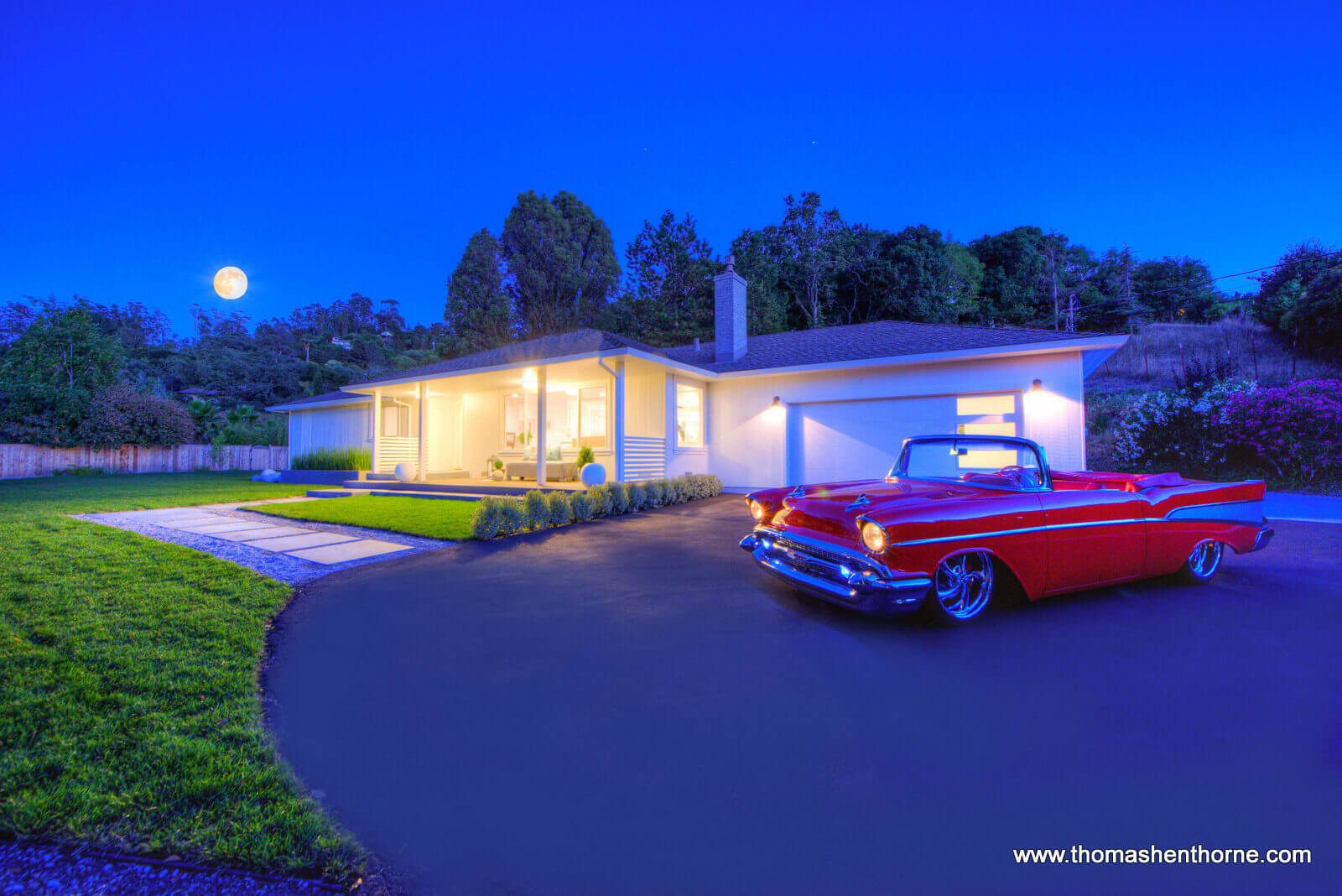 Front driveway of 65 Los Ranchitos Road San Rafael and 57 Chevy with Full Moon