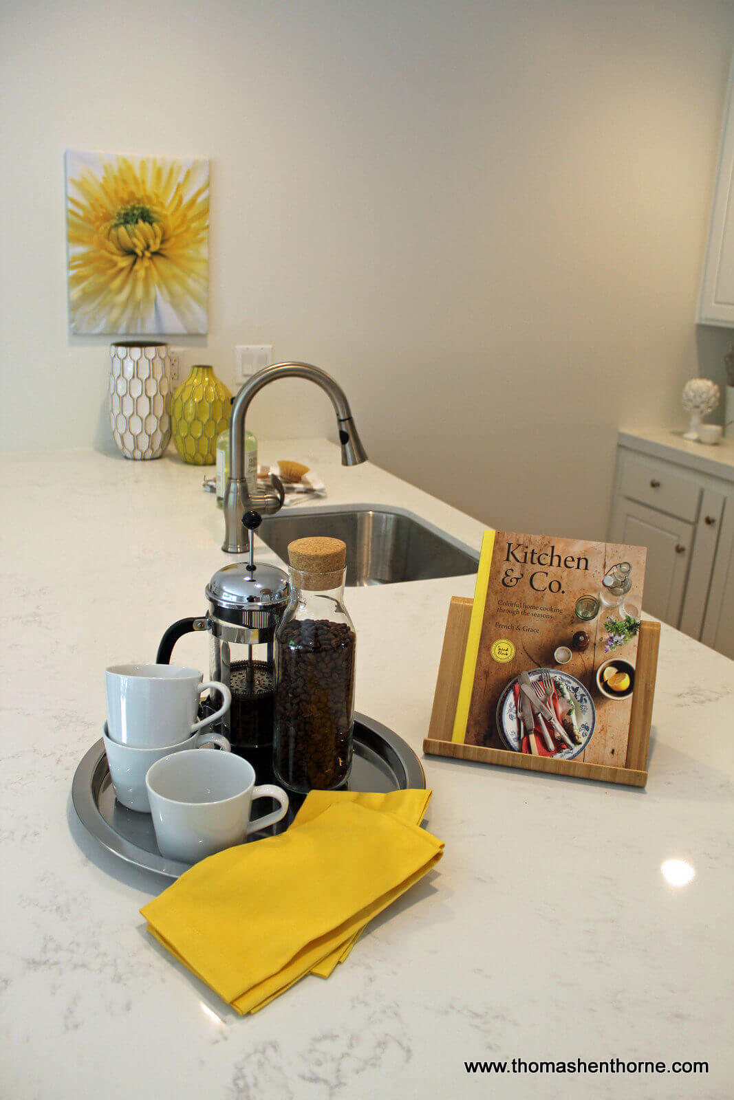 36 Tampa Drive San Rafael 4663 Kitchen counter with book and French press with coffee cups