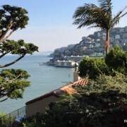 Aerial view of Sausalito with the bay and homes in the distance
