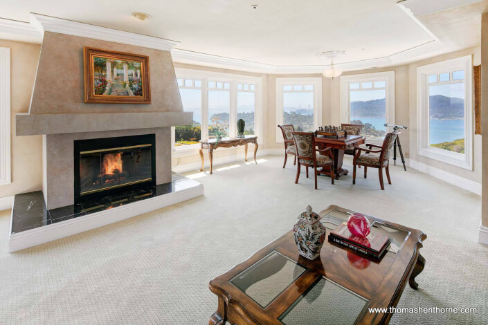 Fireplace in master bedroom with view of San Francisco bay