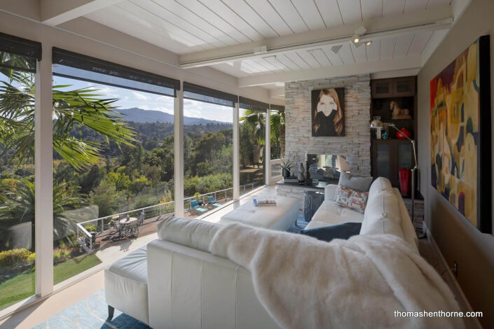 mid-century modern living room with fireplace