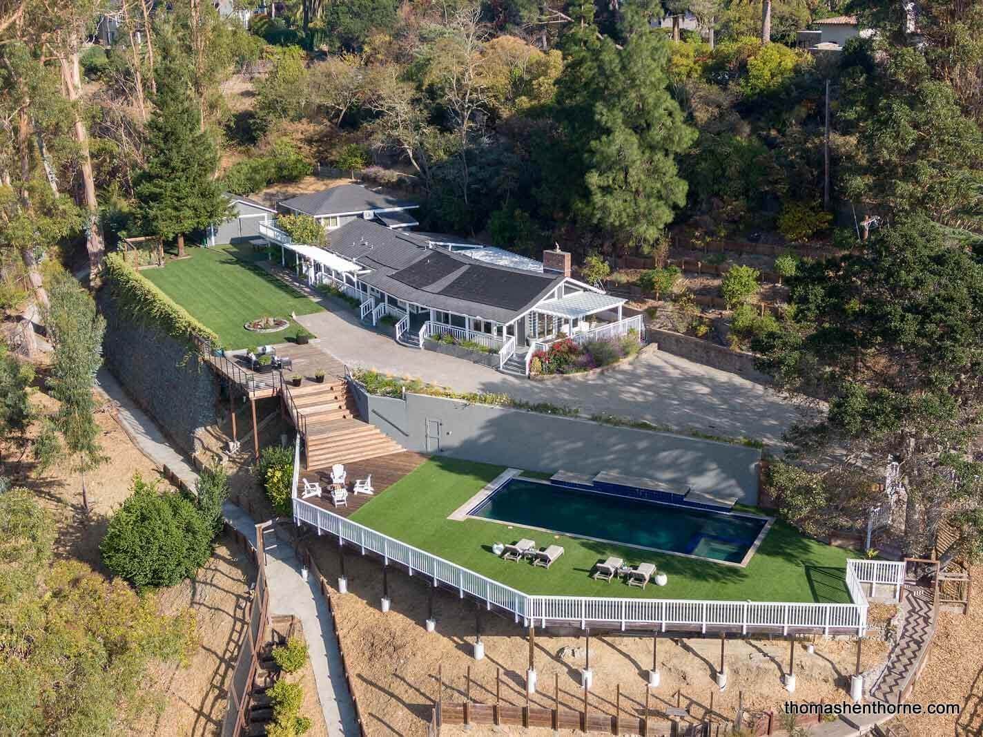 Aerial view of home and pool