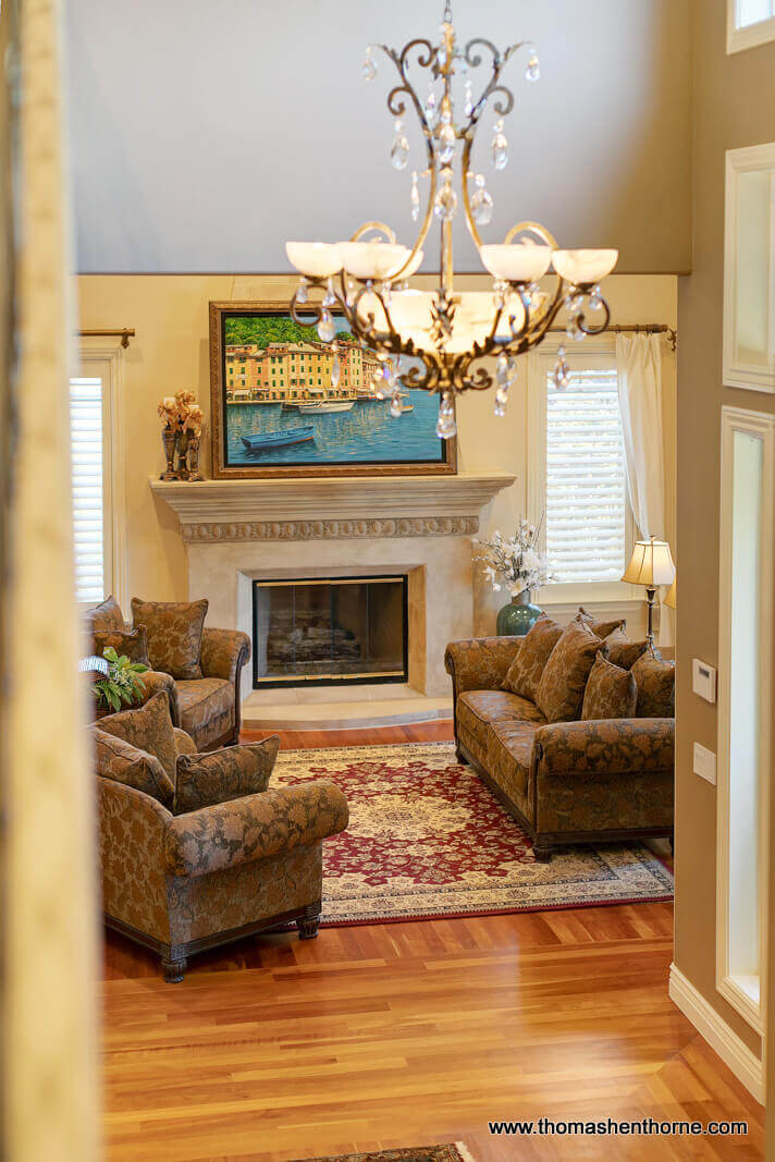 611-Fairway-Dr-Novato 69 of 108 Living room with fireplace and sofa