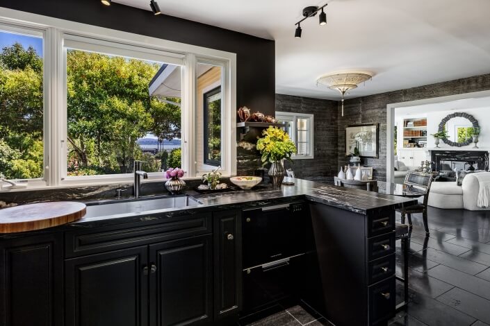 Kitchen wwith view towards dining and living rooms