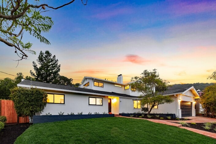 front of 23 Maplewood Drive in San Rafael California at twilight / dusk