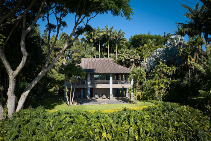 A modern two-story house with a metal roof is surrounded by lush tropical trees and greenery under a clear blue sky.