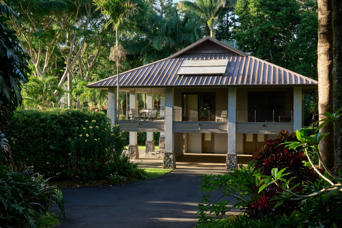 A modern house on stilts with a sloped metal roof, large windows, and a solar panel, surrounded by lush tropical trees and greenery in bright sunlight.