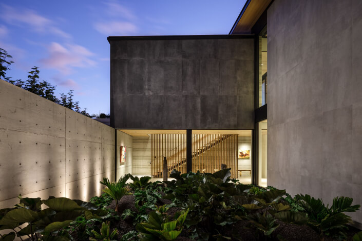 Modern house exterior at dusk, featuring concrete walls, a wooden slat staircase inside, large windows, and lush green plants in the foreground. Soft lighting highlights the architectural details.