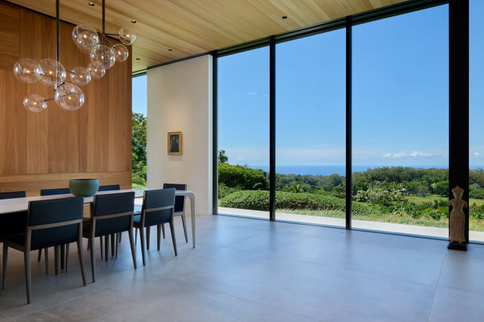 A modern dining room with a long table, black chairs, glass globe chandelier, wood-paneled wall, large floor-to-ceiling windows, and a scenic view of greenery and the ocean beyond.