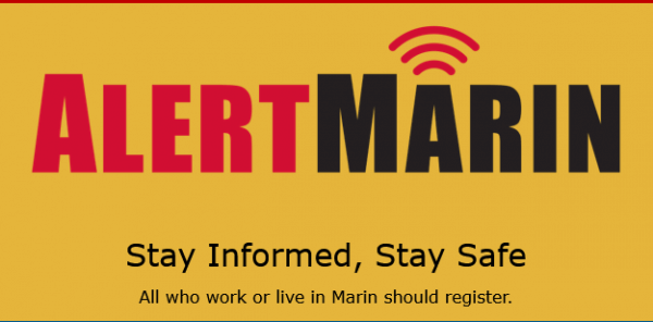AlertMarin logo with the words Stay Informed, Stay Safe. All who work or live in Marin should register on a yellow background. The word ALERT is in red and MARIN in black with a red signal icon above.