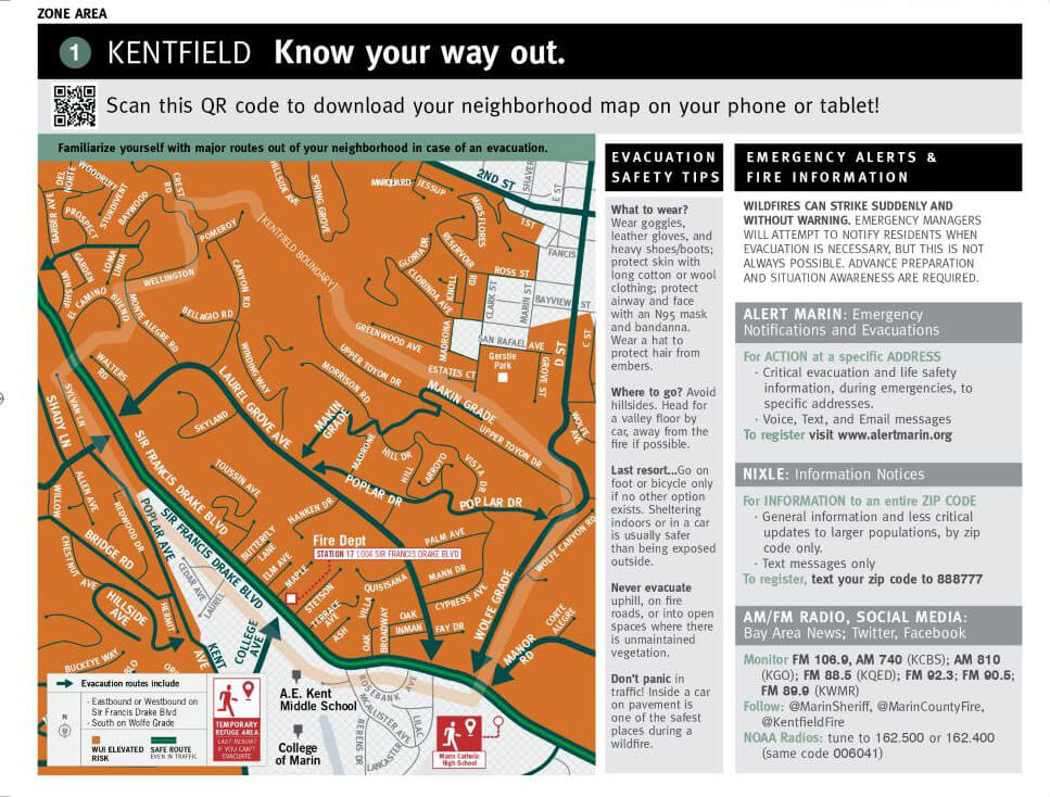Map of Kentfield showing evacuation routes, schools, fire stations, and neighborhoods, with emergency alert info, evacuation tips, and a QR code to download the local evacuation map for phones or tablets.
