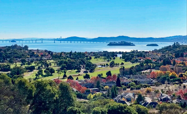 Marin county aerial view of Peacock Gap golf course and richmond san rafael bridge in distance with a peek at the SF skyline in the far distance