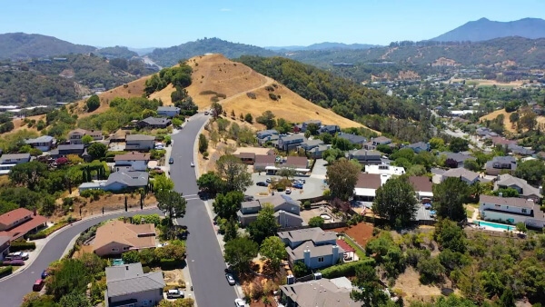 Mont Marin Homes for Sale Aerial view of neighborhood showing homes and mount tamalpais in distance