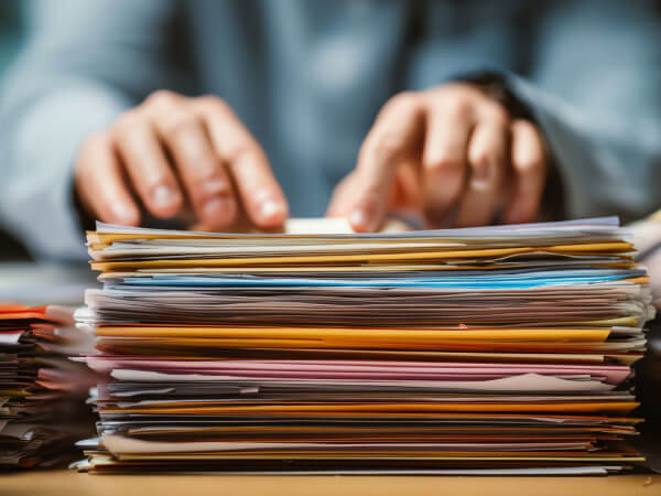 marin estate sales personal records A person’s hands sorting through a large stack of assorted documents and folders on a desk, with the focus on the paperwork in the foreground.