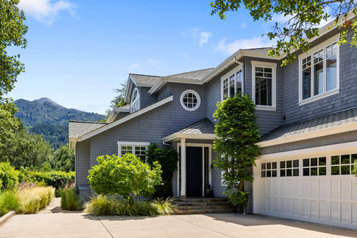 Front approach of 107 Diablo Drive in Kentfield, California with Mount Tam in the distance