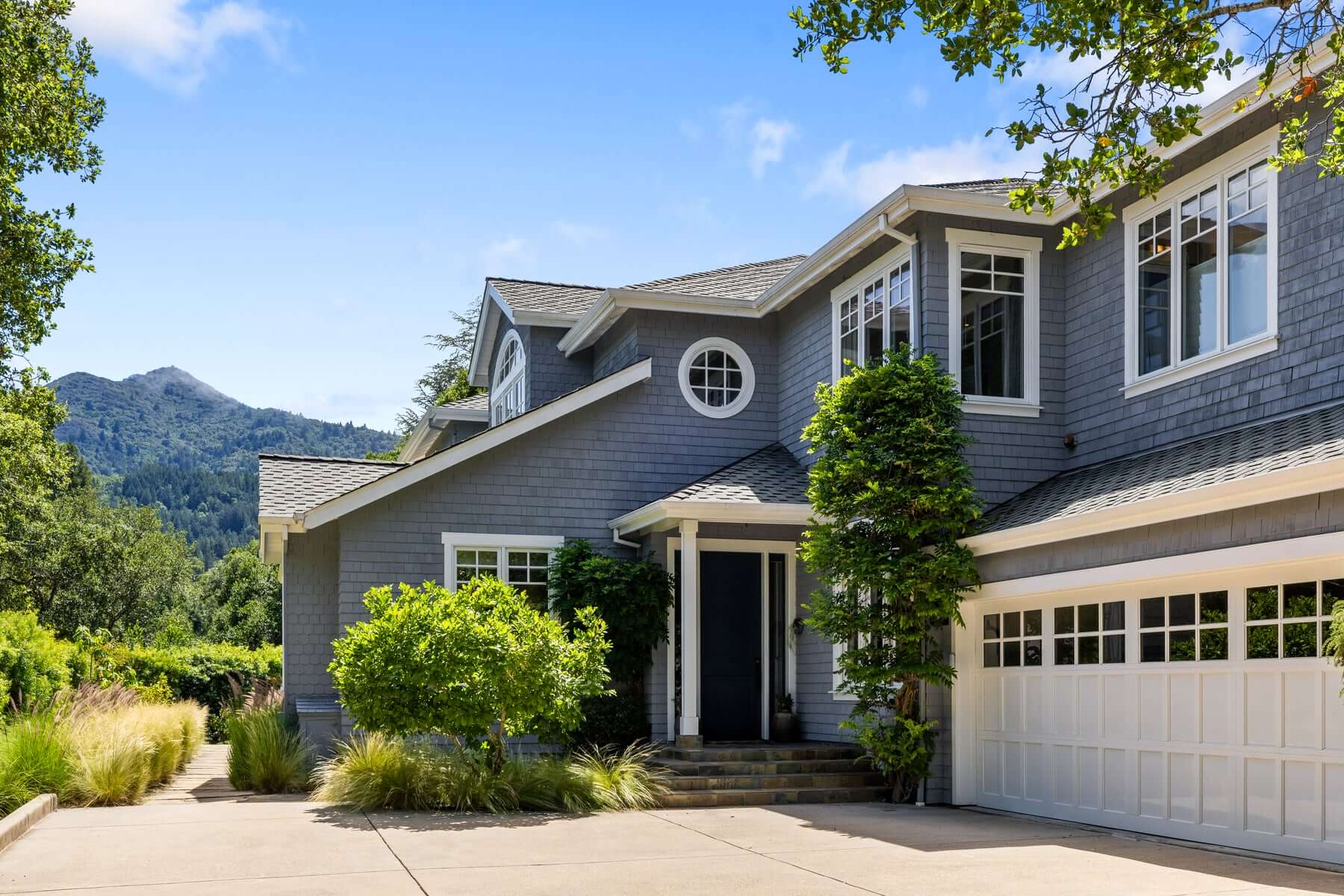 Front approach of 107 Diablo Drive in Kentfield, California with Mount Tam in the distance