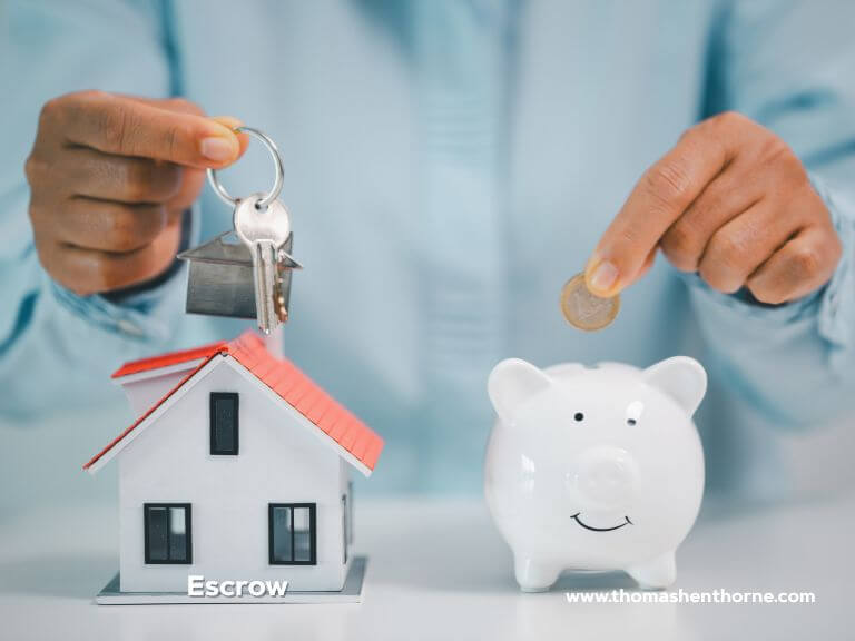Escrow design canva A person displays house keys above a model house labeled Escrow and simultaneously drops a coin into a white piggy bank. The web address www.thomashenthorne.com is visible in the corner.