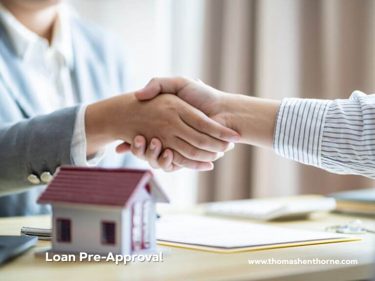 Pre-approval design canva Two individuals shake hands across a desk featuring a small model house, stacks of papers, and a pen, representing the process of finalizing a real estate or loan agreement. The image includes text that says Loan Pre-Approval along with a visible website URL.