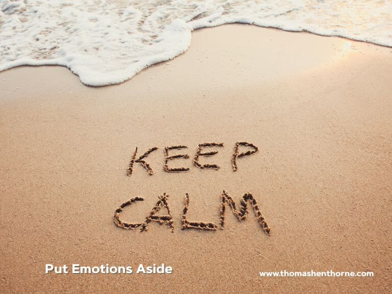 Put emotions aside design canva KEEP CALM is written in the sand close to where the ocean meets the shore. Gentle waves move toward the writing, and at the bottom of the image, there are two messages: “Put Emotions Aside” and a website URL.