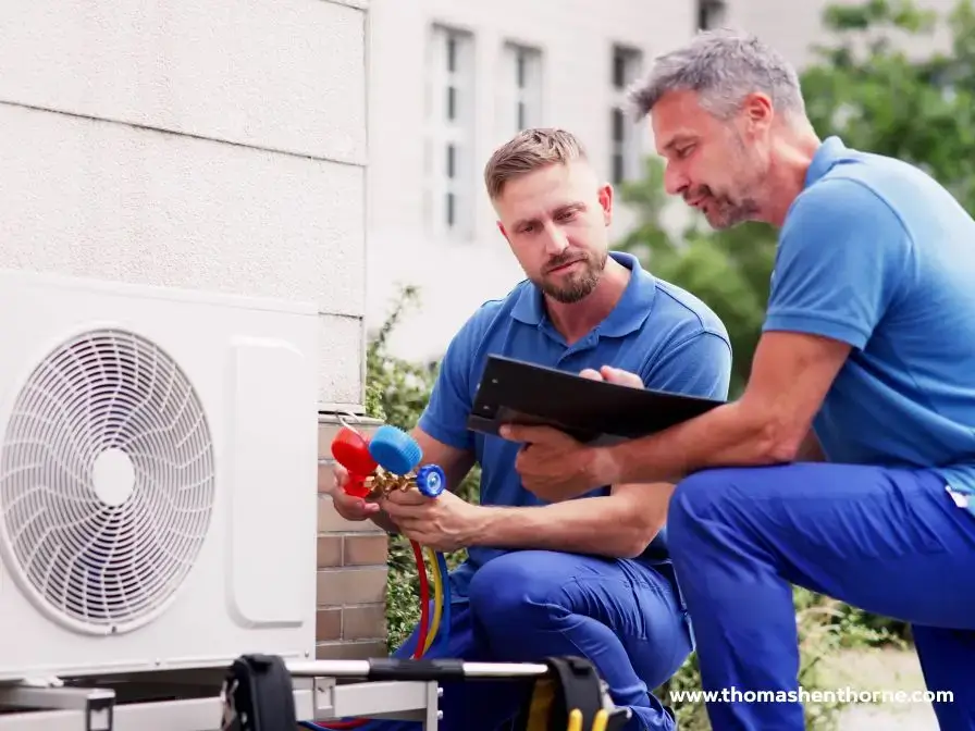 air conditioning technician photo image canva Two air conditioning repair workers working on an outdoor unit
