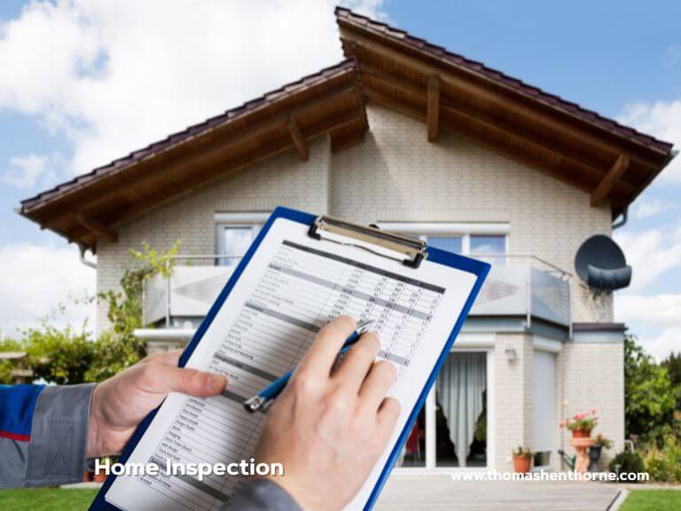 home inspections design canva A person holding a clipboard with a checklist performs a home inspection in front of a two-story house featuring a sloped roof and balconies.