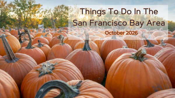 A large pumpkin patch with a text overlay that reads, Things To Do In The San Francisco Bay Area, October 2026.