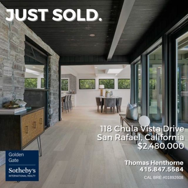 I am pleased to announce that my listing at 118 Chula Vista Drive in San Rafael closed this week for $2,480,000. This gorgeous, remodeled mid-century home sold in 3 days for $85,000 over the asking price. It was great working with Nick Svenson and Jeff Apprenrodt on this one. Thank you all for your continued support. Call or text me anytime at 415-847-5584 to discuss the changing Marin real estate market.

#marinrealestate #marinhomes #justsold #marincounty #luxuryrealestate #ggsir #sothebyshomes #thankyou
